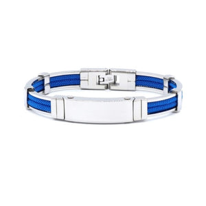 Polished stainless steel bracelet with double rope design by Cudworth, featuring a royal blue accent and sleek finish.