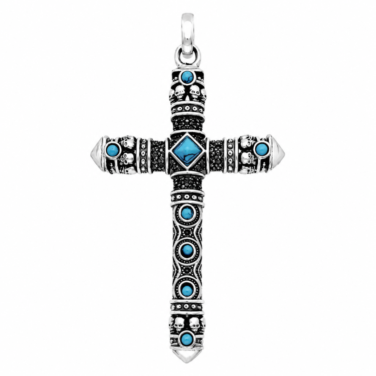 Silver Cross with Turquoise and Engraving Double Sided Pendant
