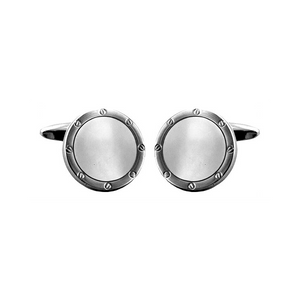Dalaco mother of pearl round porthole cufflinks with rhodium plating, featuring elegant, polished pearl design for men's formal wear.