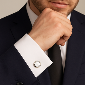 Dalaco mother of pearl round porthole cufflinks with rhodium plating, elegant accessories for formal wear.