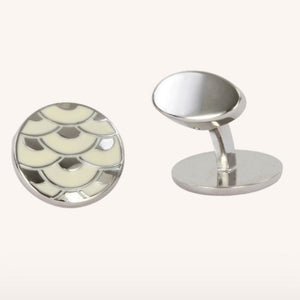Elegant David Aster cloisonne cufflinks with white enamel and silver-tone edges, featuring intricate enamel design.