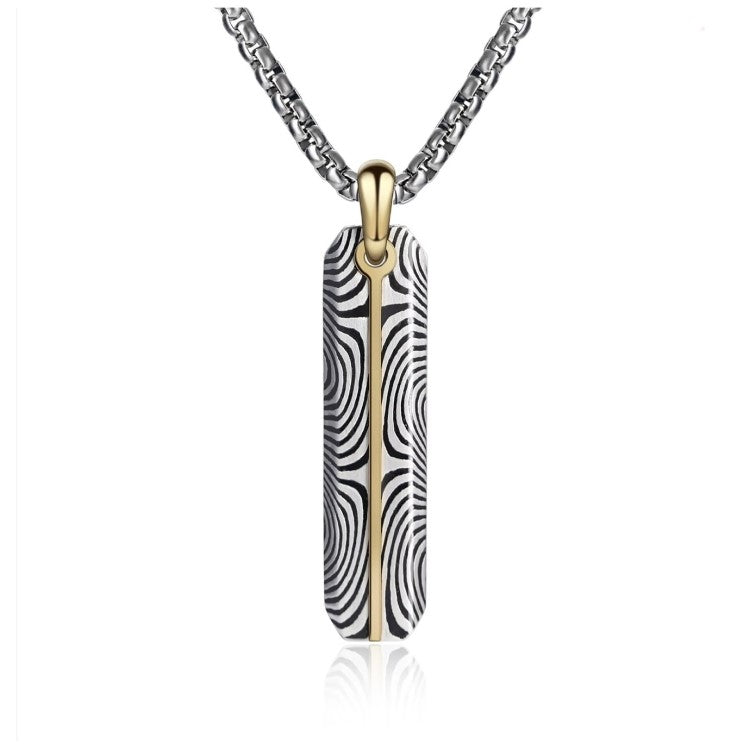 Damascus Steel Slim Dog Tag Pendant with Gold Accent and Chain