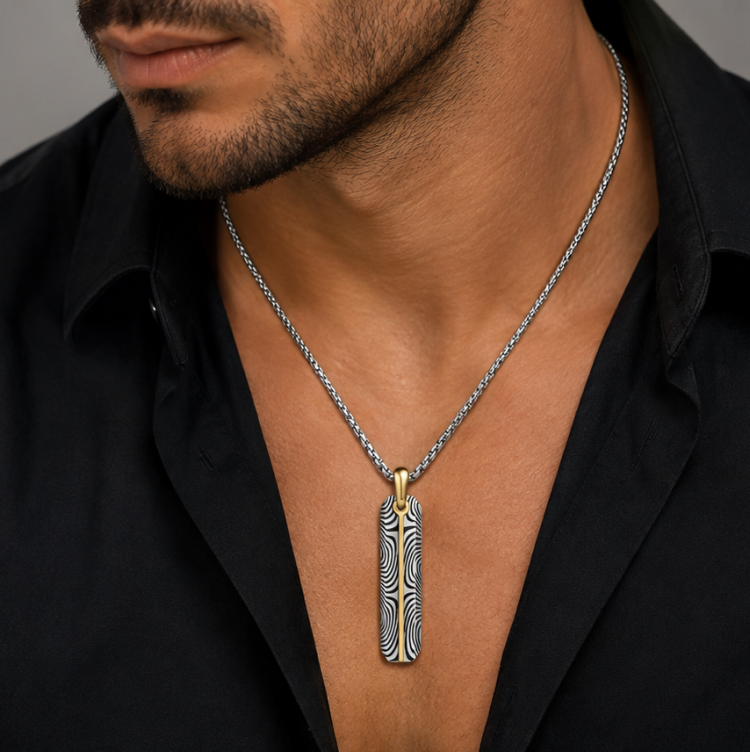 Damascus Steel Slim Dog Tag Pendant with Gold Accent and Chain