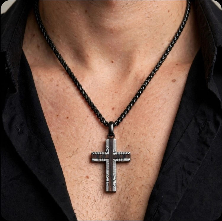 Alaric Men's Stainless Steel Damascus Cross Pendant with Chain
