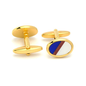 Dalaco gold cufflinks for men with blue, white, and rose gold diagonal stripe design