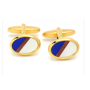Dalaco gold cufflinks for men with oval design featuring blue, brown, and white stripes