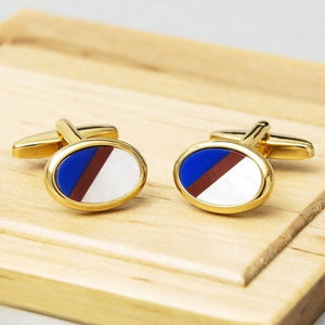 Dalaco gold cufflinks for men with oval shape and blue, white, and brown enamel design