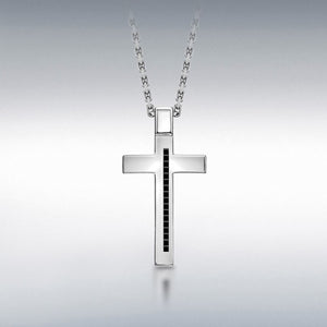 Hoxton London men's sterling silver cross necklace with black CZ stones, adjustable length 20 to 21.5 inches, stylish jewelry accessory