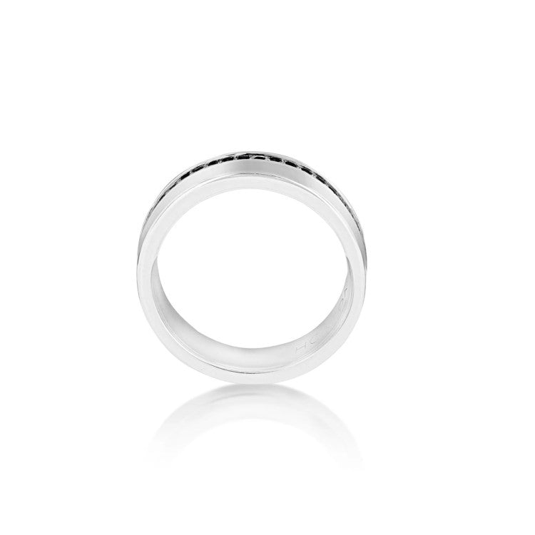 Hoxton London men's sterling silver ring with black sapphire set, featuring a sleek design and polished finish.