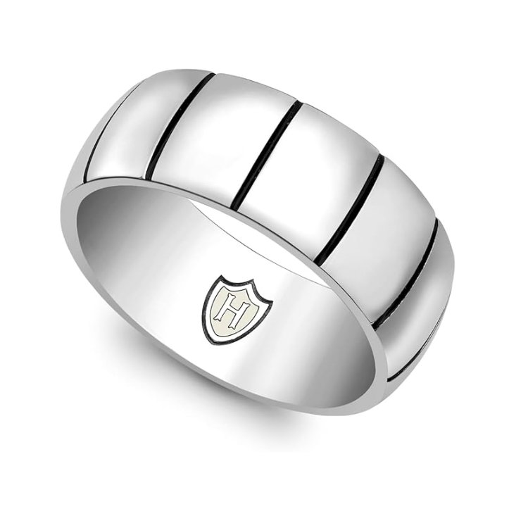 Hoxton London men's sterling silver brick ribbed ring showcasing textured, ribbed design on a polished silver band.