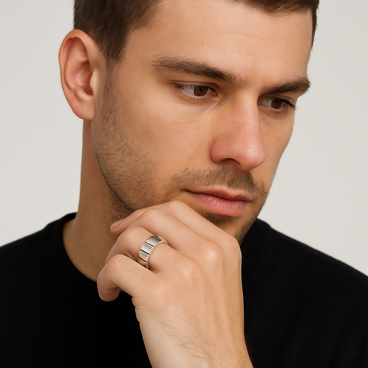 Hoxton London men's sterling silver ring with a brick ribbed design, showcasing textured, polished silver surface.