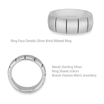 Hoxton London men's sterling silver ring with a brick ribbed design, showcasing a textured band and modern style.
