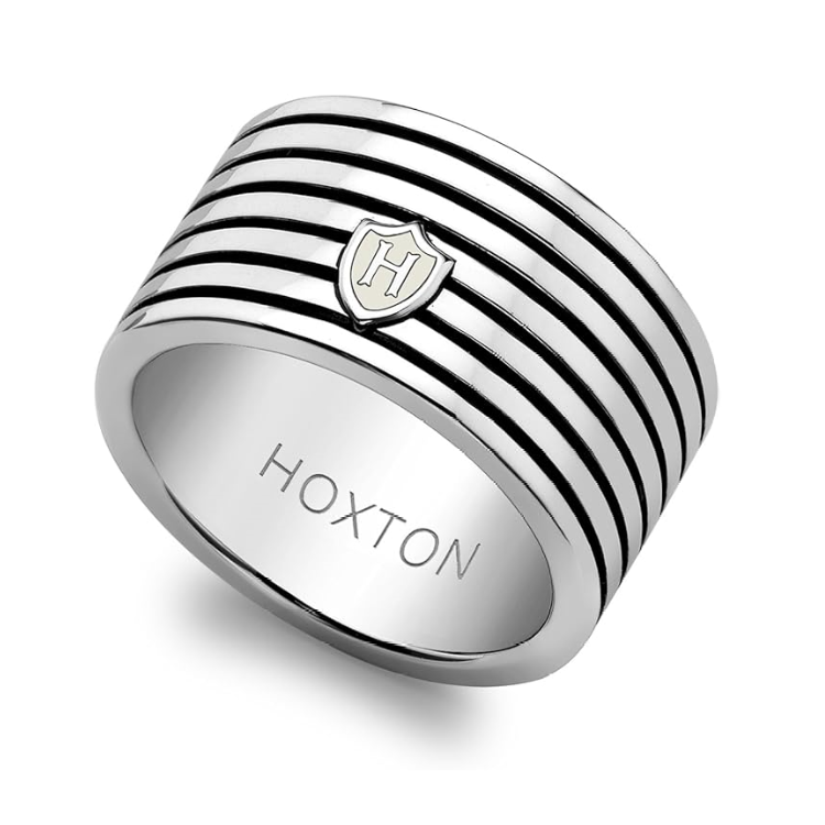 Hoxton London men's sterling silver horizontal striped ring, showcasing sleek silver band with textured striped design.