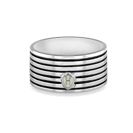 Hoxton London men's sterling silver horizontal striped ring, showcasing sleek design and polished finish on a silver band.