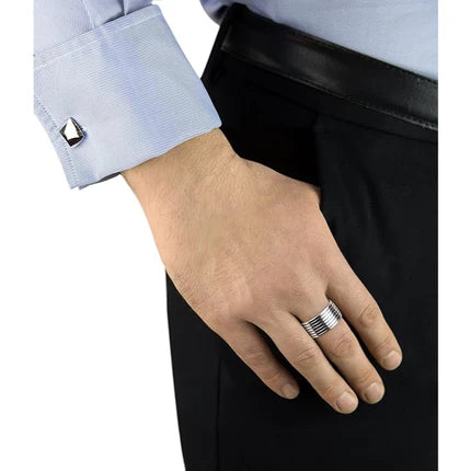 Hoxton London men's sterling silver ring with horizontal striped design, showcasing a sleek, modern style.