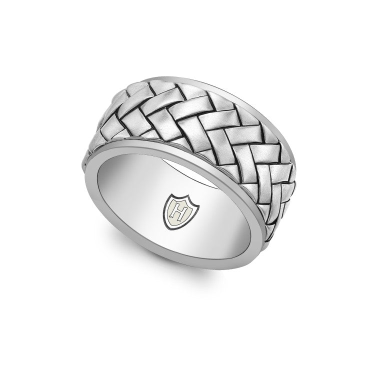 Hoxton London men's sterling silver rhodium-plated herringbone ring, stylish jewelry accessory with textured pattern.