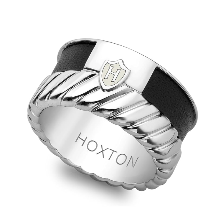 Hoxton London men's sterling silver twist ring with leather inlay, showcasing a sleek, modern design.