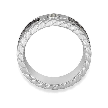 Hoxton London men's sterling silver twist ring with leather inlay, showcasing detailed craftsmanship and modern style.