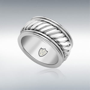 Hoxton London men's sterling silver twist wide ring with a bold, textured design on a plain background.