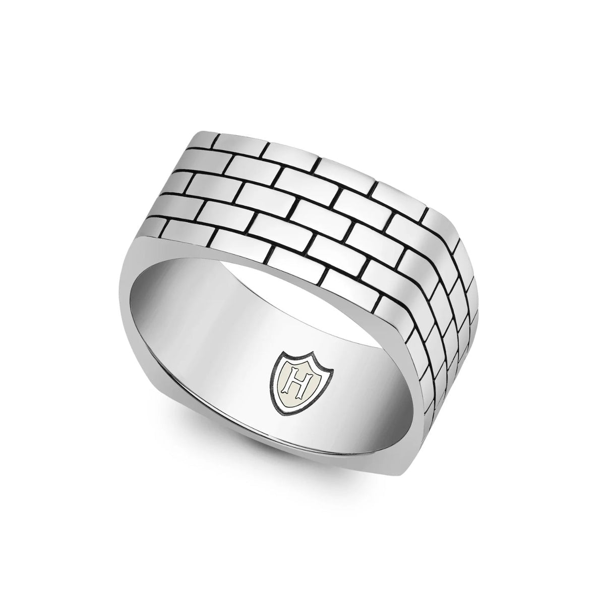 Hoxton sterling silver square ring with a brick pattern, showcasing a modern geometric design in silver jewelry.