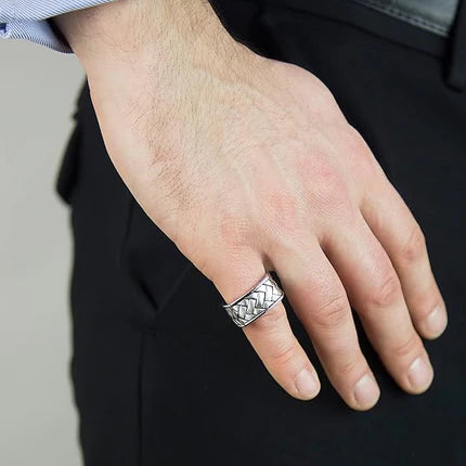 Hoxton Sterling Silver Herringbone Collection Ring showing a sleek, polished silver ring with a herringbone pattern.