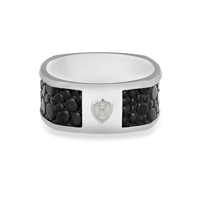 Hoxton London men's silver ring with black leather inlay, featuring sleek sterling silver jewelry design.