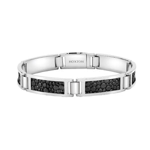Hoxton London men's sterling silver bracelet with black stingray leather band, featuring a sleek and modern jewelry design.