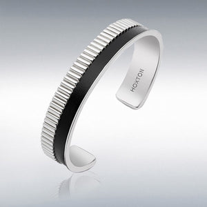 Hoxton London men's sterling silver cuff bracelet with bold leather inlay, featuring a sleek, modern design and polished finish.