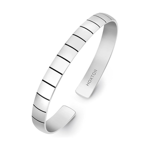 Hoxton London men's sterling silver brick high-polish ribbed bangle bracelet shown on a wrist with a textured design.