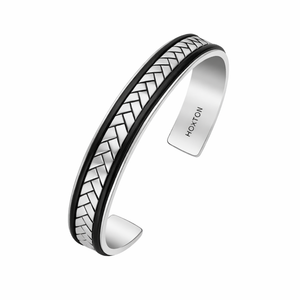 Sterling silver men's cuff bangle with herringbone pattern and leather inlay by Hoxton London, stylish accessory for men.
