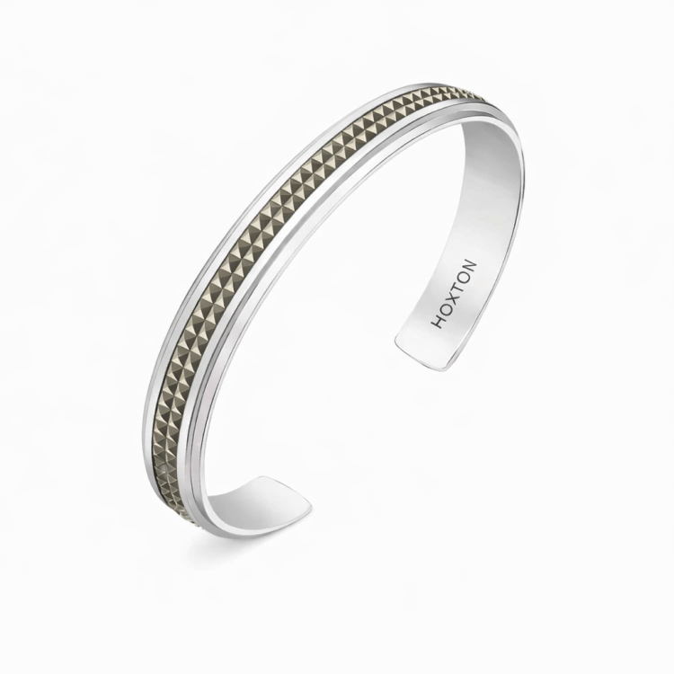 Hoxton London men's sterling silver pyramid marcasite set with cuff bangle, showcasing detailed craftsmanship and bold geometric design.