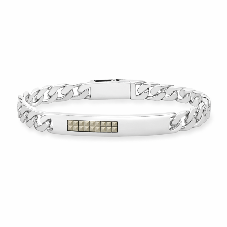Sterling silver men's pyramid marcasite set ID bracelet by Hoxton London featuring geometric pyramid design and marcasite accents.