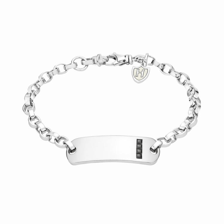 Hoxton London men's sterling silver bracelet with black CZ stones, adjustable ID bracelet, 20cm to 21cm length.