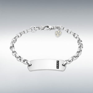 Hoxton London men's sterling silver bracelet with black CZ stones, adjustable ID design, 20cm to 21cm length.