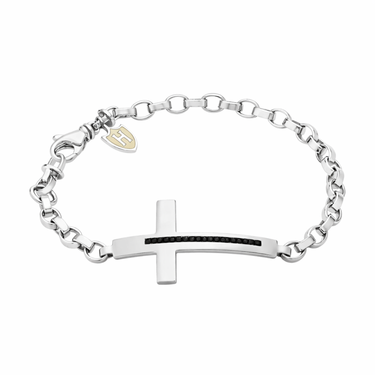 Hoxton London men's sterling silver bracelet with black CZ cross and adjustable design, featuring stone accents.