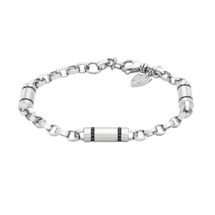 Hoxton London men's sterling silver bracelet with black zirconia stone accents and cylindrical link design.