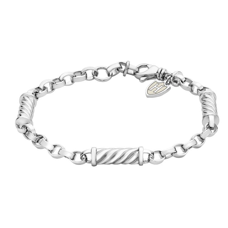 Hoxton London men's sterling silver bracelet with twist cylindrical link design, adjustable length for a stylish fit.