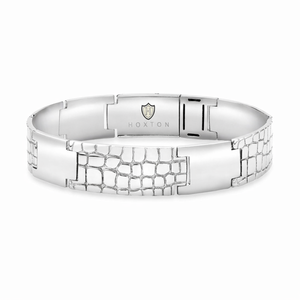 Hoxton London men's sterling silver bracelet with a wild crocodile pattern, 21.5cm length, featuring detailed textured design.
