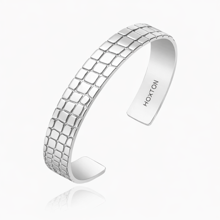 Sterling silver Hoxton London Wild Style crocodile pattern bangle with textured design, stylish and unique jewelry accessory.
