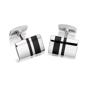 Hoxton London men's sterling silver cufflinks with black onyx stripe rectangles, stylish men's accessory with polished finish.