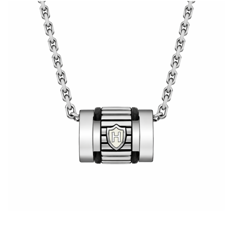 Hoxton London men's sterling silver cufflinks with bold leather inlay and barrel design, adjustable necklace 51-55cm, stylish jewelry.