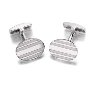 Hoxton London men's sterling silver cufflinks with white agate stripe oval design, stylish accessory for formal wear.