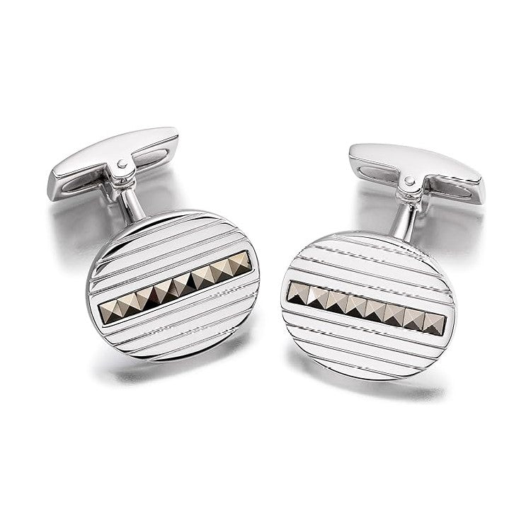 Hoxton London sterling silver oval cufflinks with pyramid marcasites, showcasing intricate design and polished finish.