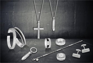 Hoxton sterling silver twist cufflinks with matching bracelets rings and necklaces on dark background