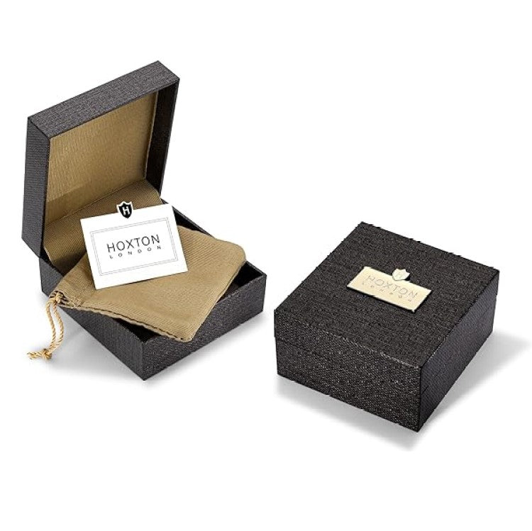 Hoxton black textured jewelry box set for sterling silver twist cufflinks with beige pouch and brand card