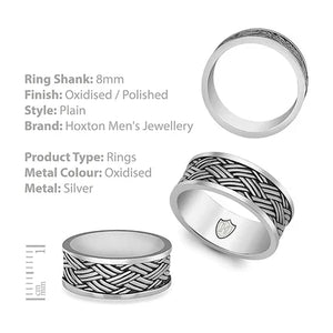 Hoxton silver rings with oxidised woven design, unique men's jewelry Melbourne with 8mm ring shank