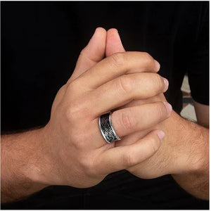 Hoxton silver ring on male hands showcasing unique men's jewelry Melbourne style