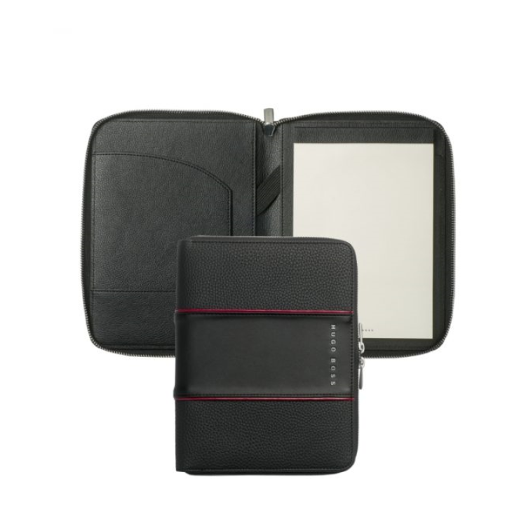 Hugo Boss conference folder A5 in red and black with multiple compartments for documents and accessories.