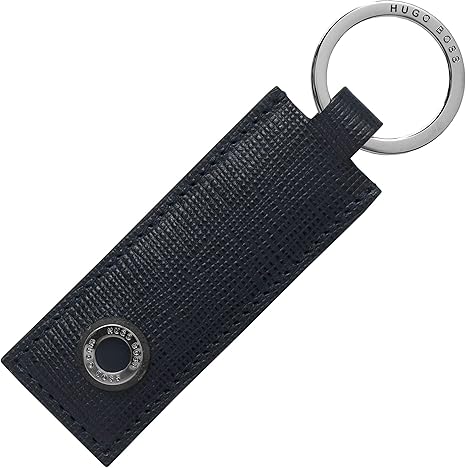 HUGO BOSS Executive leather keyring with metal logo detail, sleek black leather design for stylish key organization.