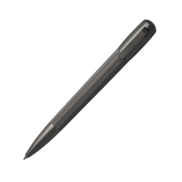 HUGO BOSS ballpoint pen with matte dark chrome finish, sleek design, and branded clip, showcasing a luxurious writing instrument.